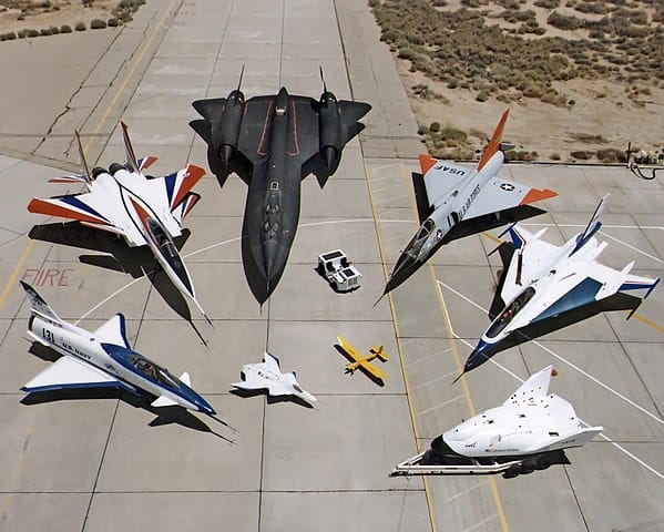 NASA's Research Aircraft Fleet on ramp at Dryden Flight Research Center: X-31, F-15 ACTIVE, SR-71, F-106, F-16XL #2, X-38, Radio Controlled Mothership and X-36.