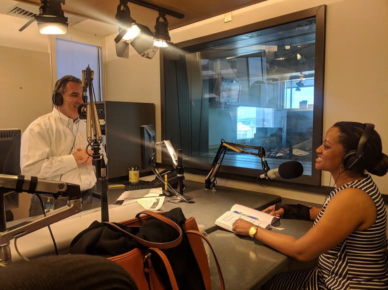 A picture of Growing Greater Philadelphia Podcast & Radio Program host Matt Cabrey interviewing Electro Soft Executive Vice President Karla Trotman.