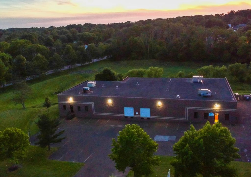 The exterior of Electro Soft at dusk, as shot by a drone. Part of our Matterport 3D shoot to enable viewers to take a virtual tour. . 